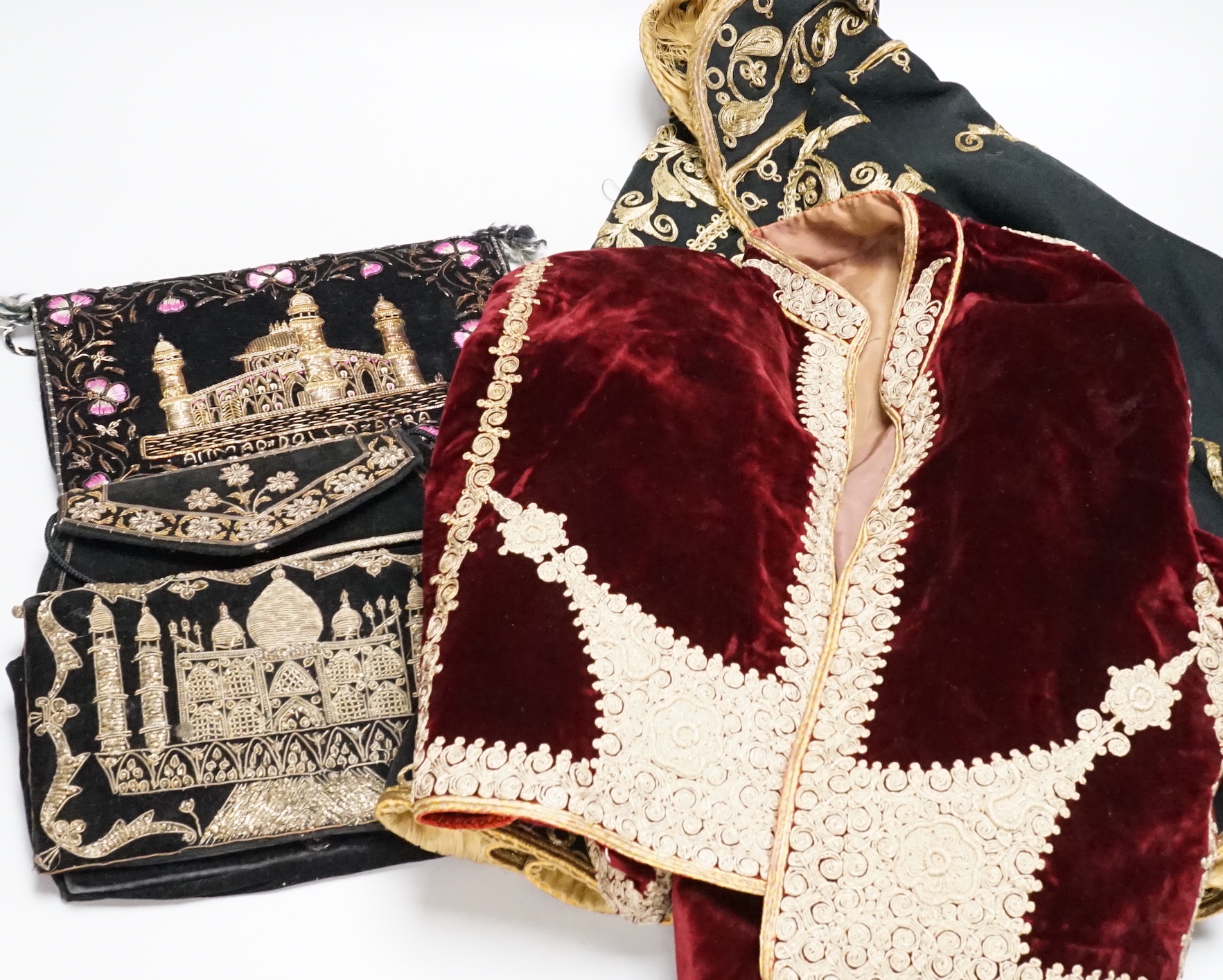 An inlaid gold thread embroidered cape and jacket and 3 bags